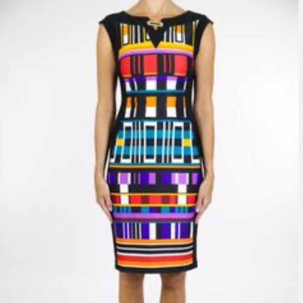 Joseph Ribkoff Black and Orange Sheath Midi Dress